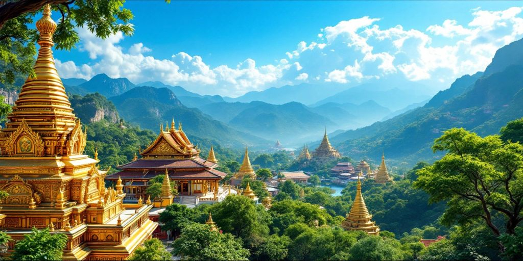 Pays d'Asie avec des temples dorés et des paysages.