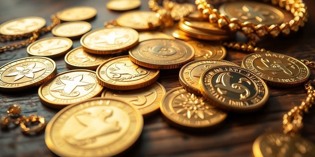 Des pièces d'or et bijoux sur une table en bois.
