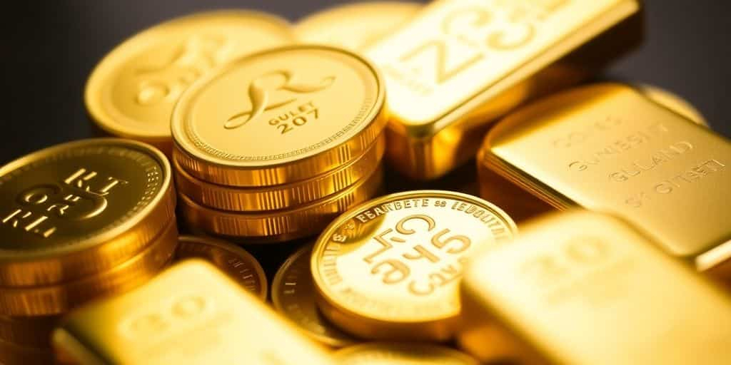 Pièces et lingots d'or brillants sur fond flou.