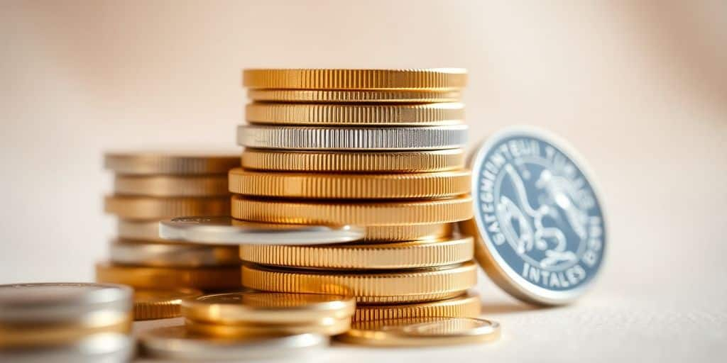 Pièces d'or et d'argent empilées sur un fond flou.