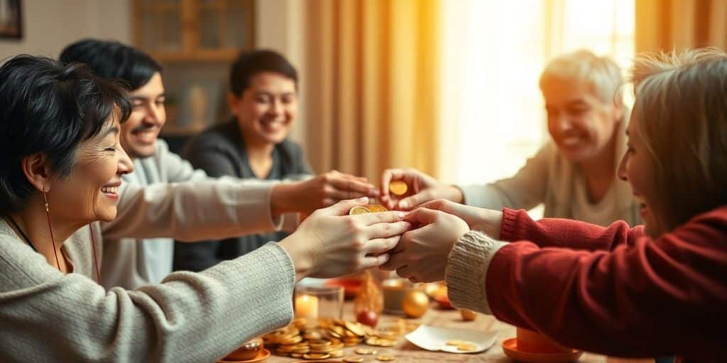 Une famille échangeant des pièces d'or.