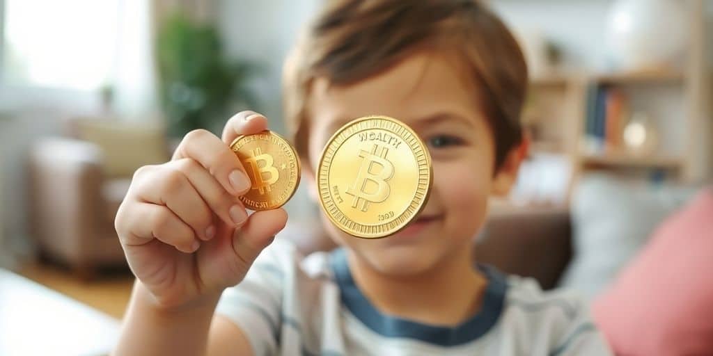 Un enfant tenant une pièce d'or brillante.