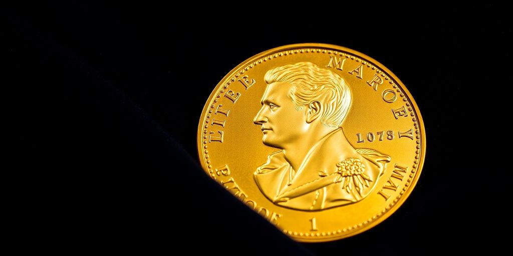 Pièce en or de Napoléon Bonaparte sur fond sombre.