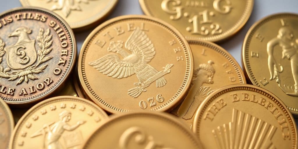 Pièces d'or historiques avec des motifs détaillés.