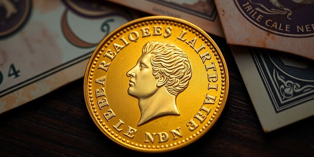 Pièce en or Napoléon sur fond sombre.