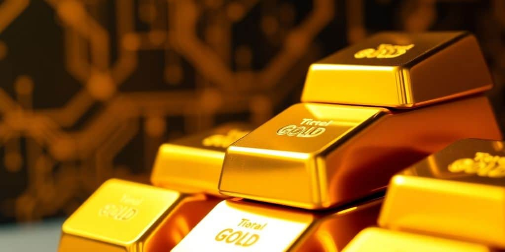 Des barres d'or brillantes empilées sur un fond numérique.