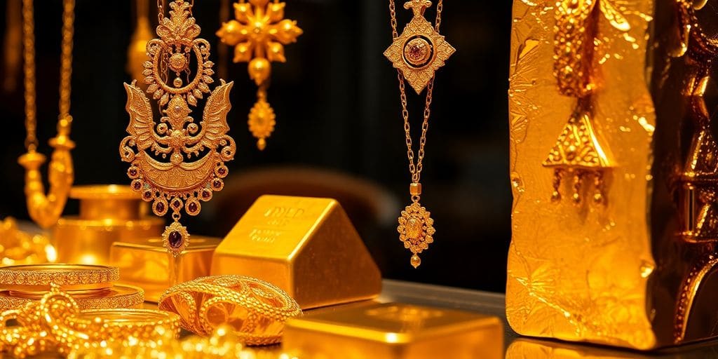 Bijoux et lingots d'or en contraste visuel.