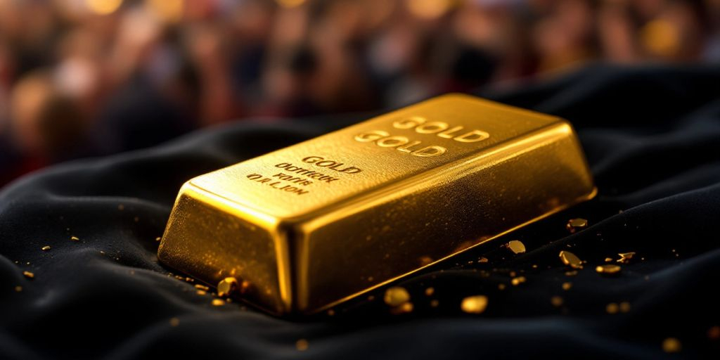 Lingot d'or sur fond de rassemblement politique.