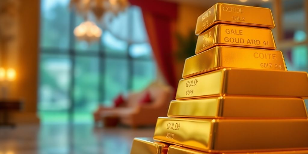 Des lingots d'or empilés dans un cadre luxueux.