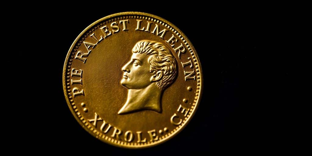 Pièce de Napoléon en or sur un fond sombre.