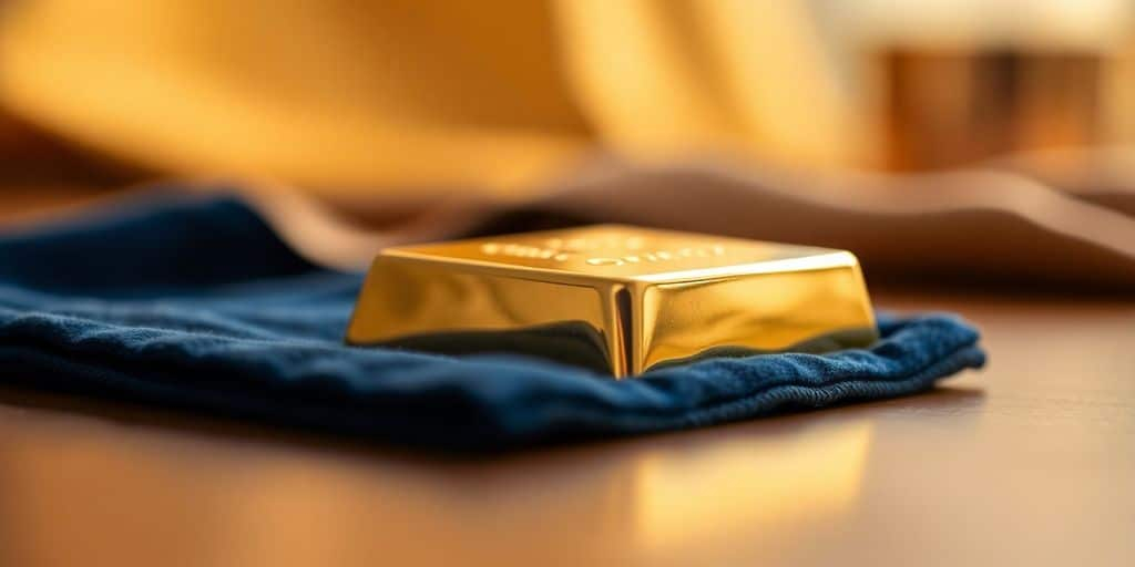 Lingot d'or sur un tissu en velours.