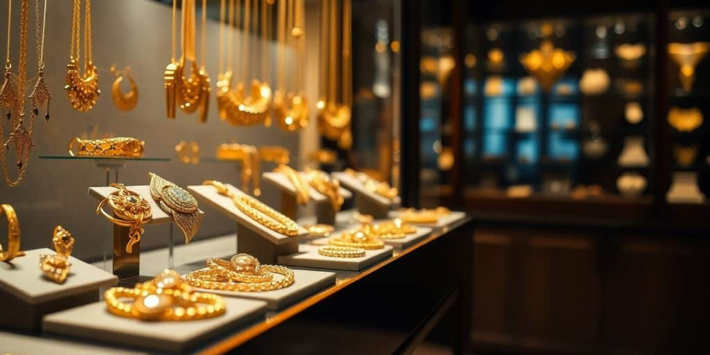 Bijoux en or exposés dans une boutique élégante.