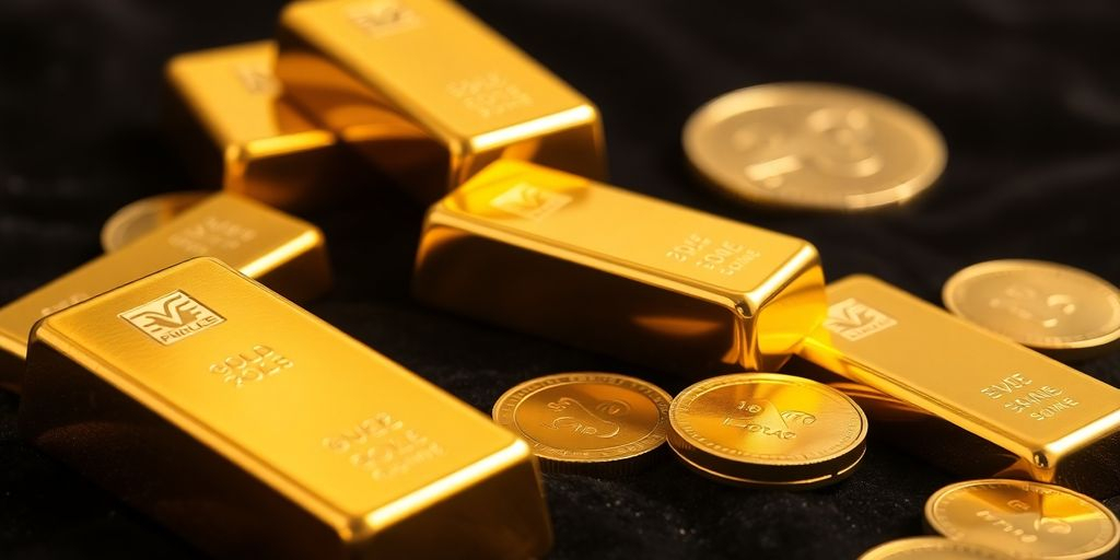 Lingots et pièces d'or sur un fond sombre.