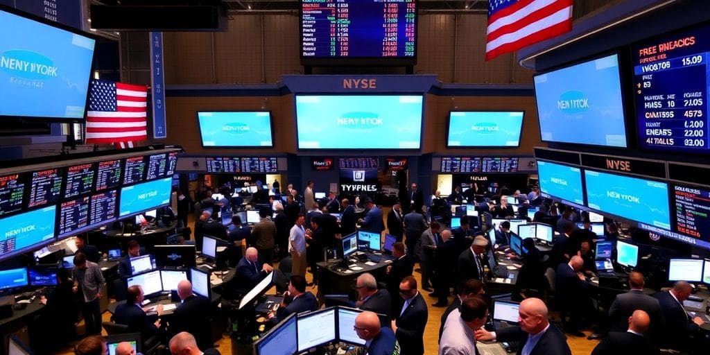 Salle de marché animée avec des traders en action.