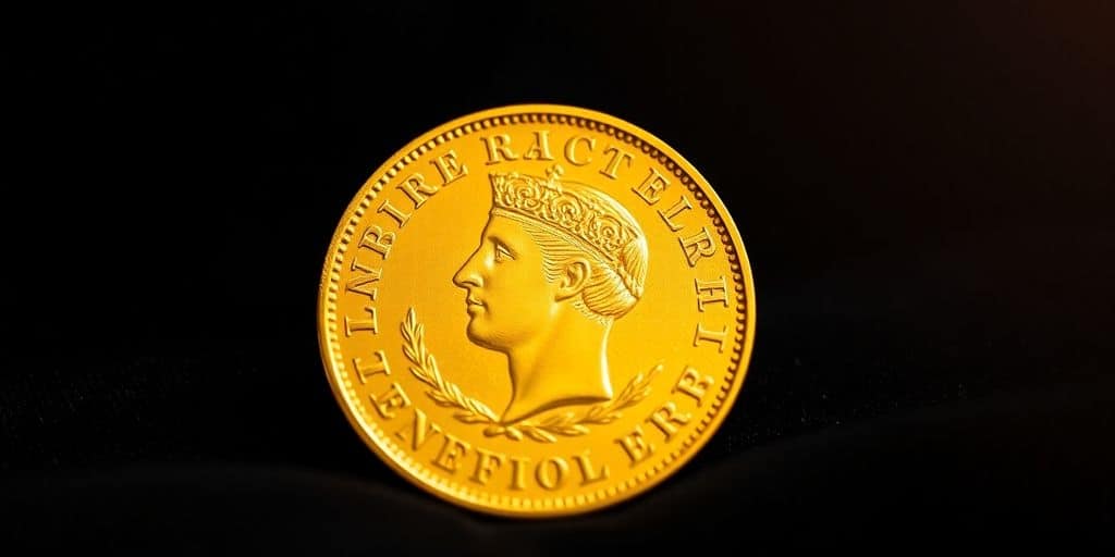 Pièce de Napoléon en or sur fond de velours.