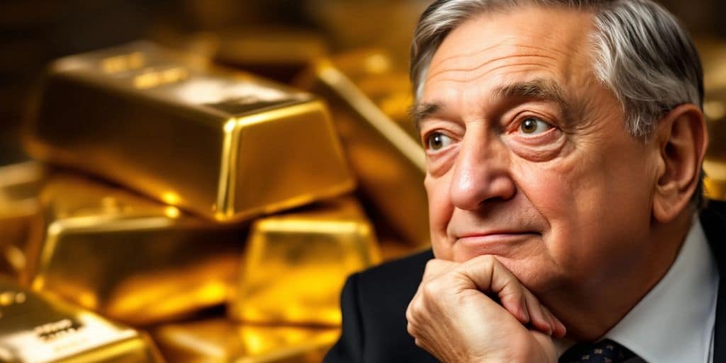 George Soros avec des lingots d'or en arrière-plan.