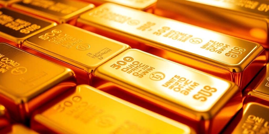 Des lingots d'or empilés et brillants.