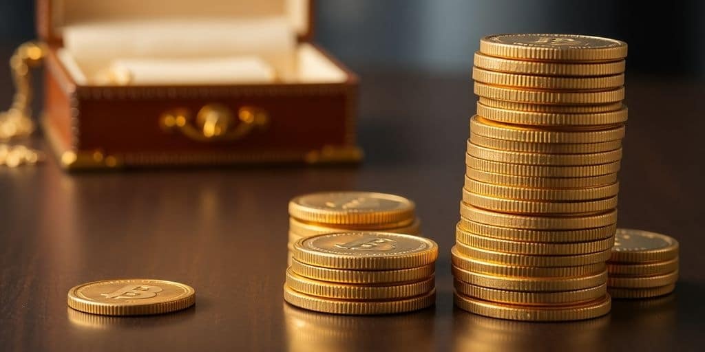 Merveilleux tas de pièces d'or sur une table en bois.