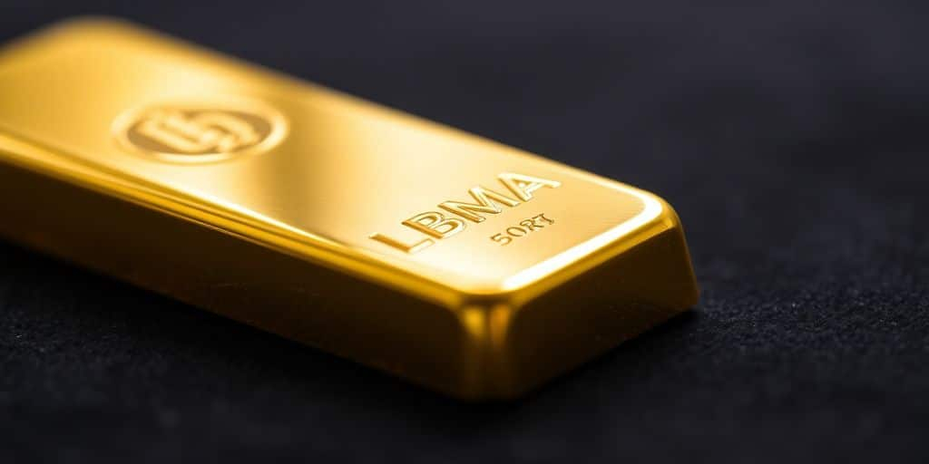 Lingot d'or certifié LBMA sur fond sombre.