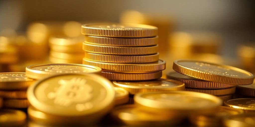 Pièces d'or empilées sur un fond flou.