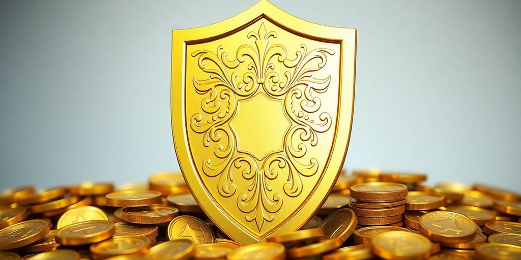 Bouclier doré entouré de pièces d'or.