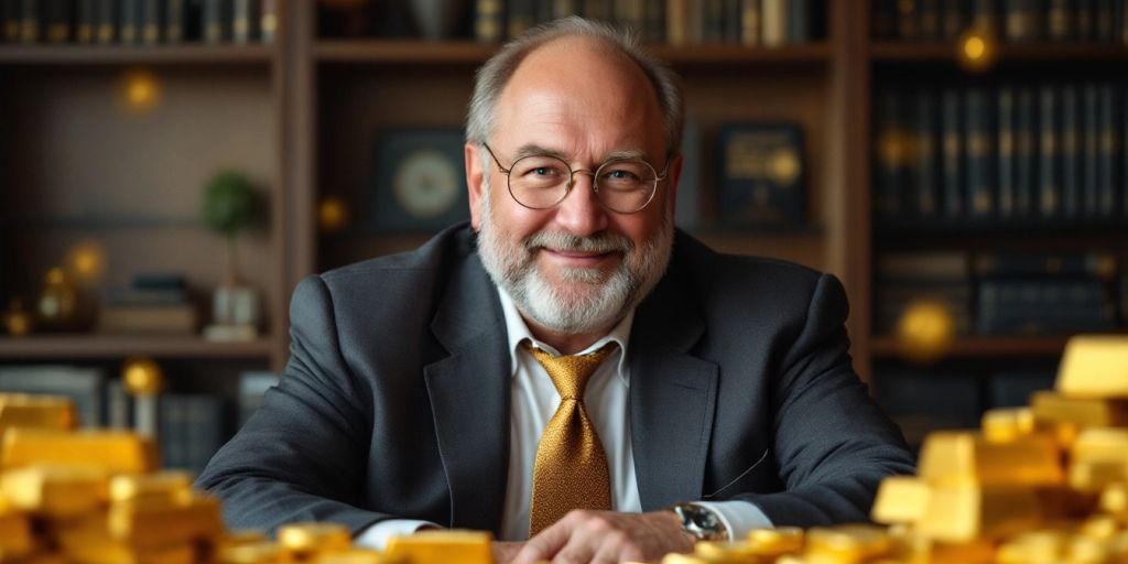 Seth Klarman avec des lingots d'or et des pièces.