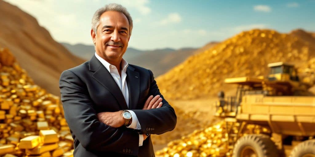 Naguib Sawiris avec des lingots d'or et des équipements miniers.