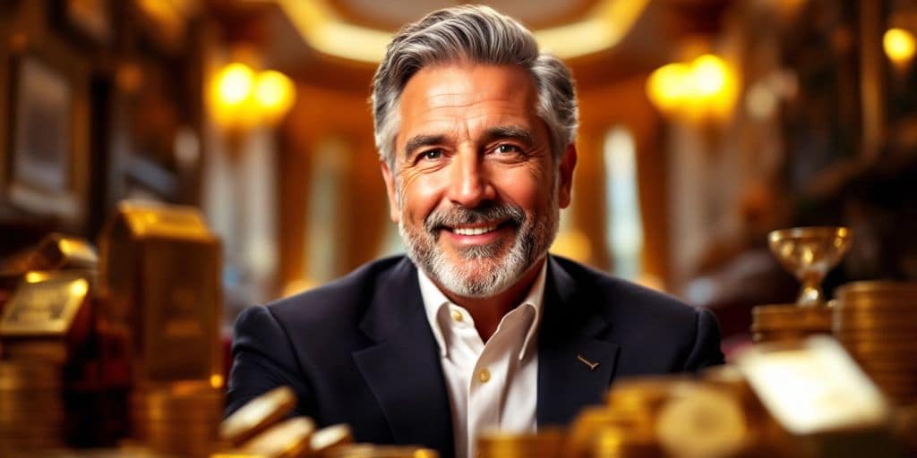 Portrait de Charles Gave avec des lingots d'or.