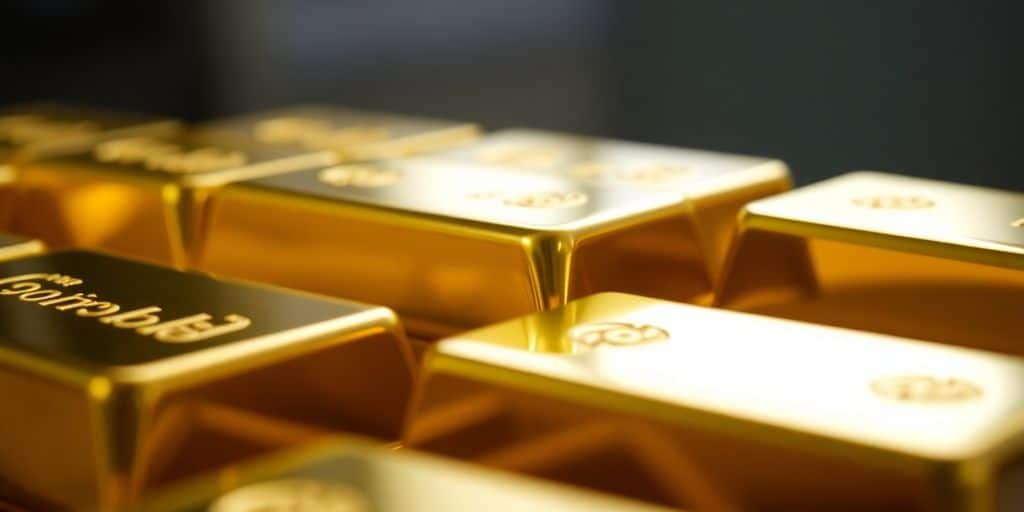 Lingots d'or disposés en piles brillantes.