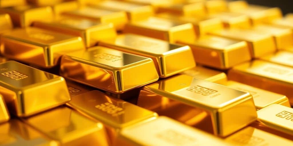 Barres d'or empilées avec un éclat chaleureux.