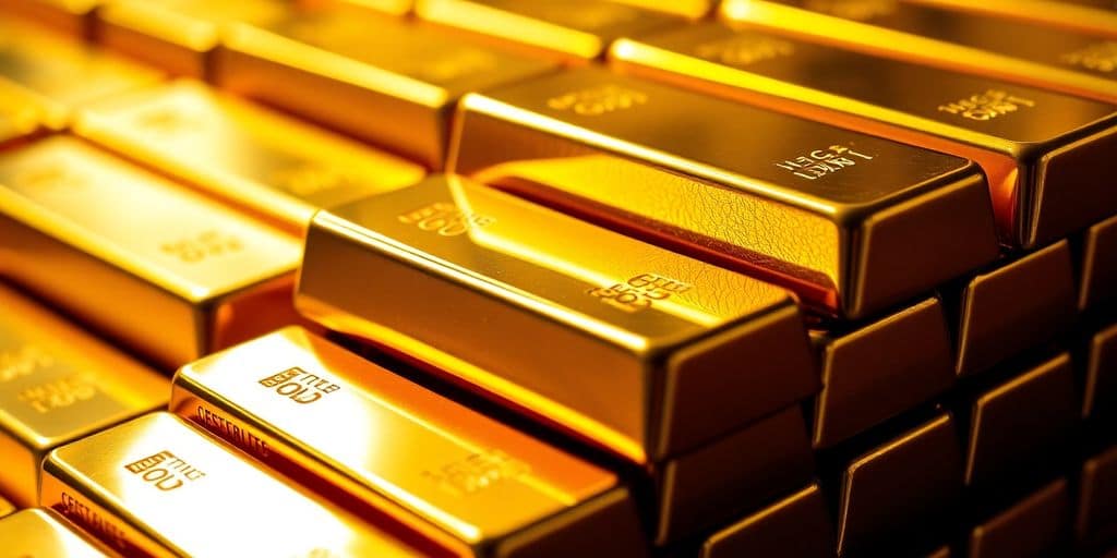 Barres d'or brillantes empilées avec soin.