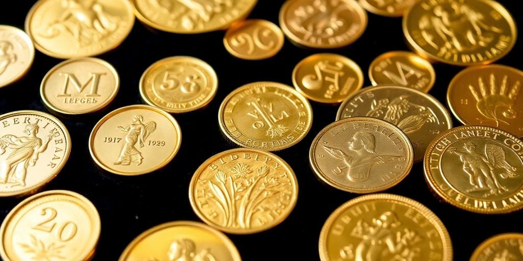 Pièces d'or rares sur un fond en velours.