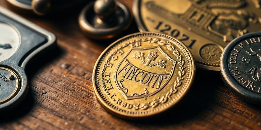 Monnaie en or historique sur une table en bois.
