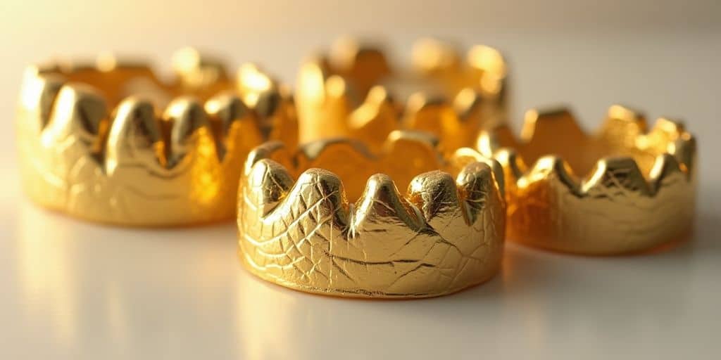 Couronnes dentaires en or brillantes et détaillées.