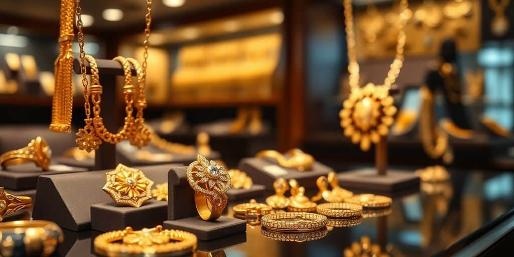 Bijoux en or exposés dans une bijouterie.