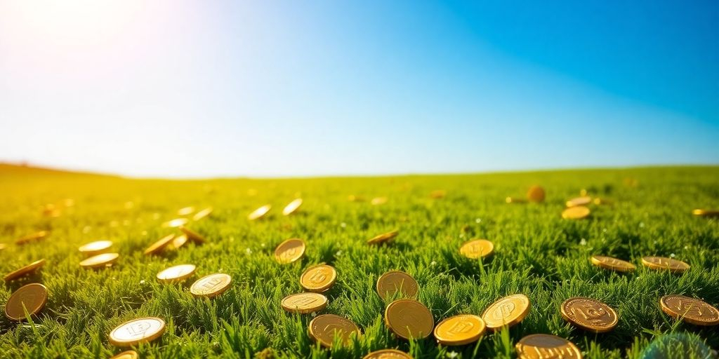 Pièces d'or sur l'herbe verte au soleil.