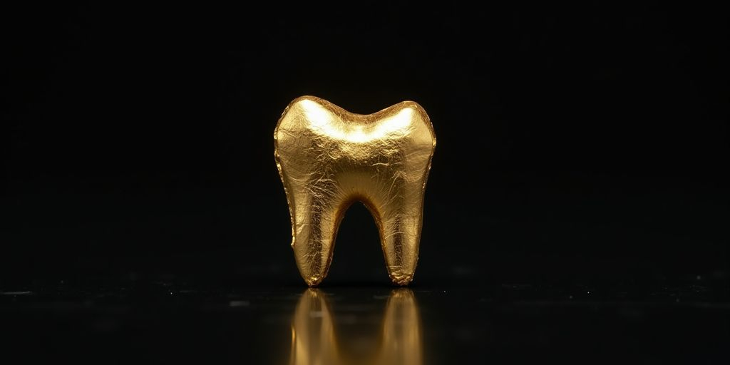 Une dent en or brillante sur fond sombre.
