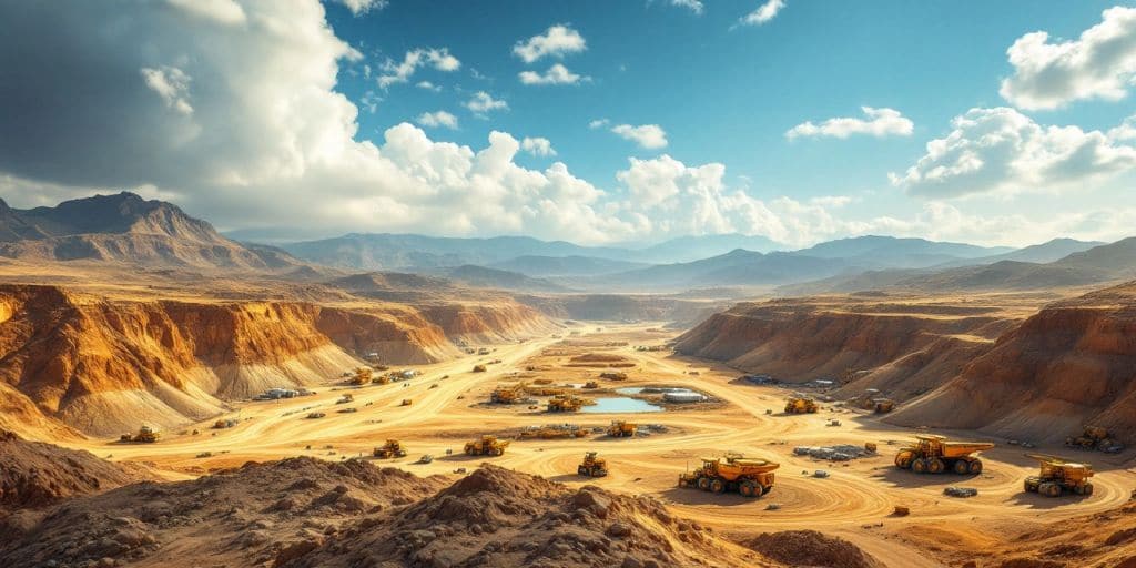 Vue panoramique d'une mine d'or avec des machines.