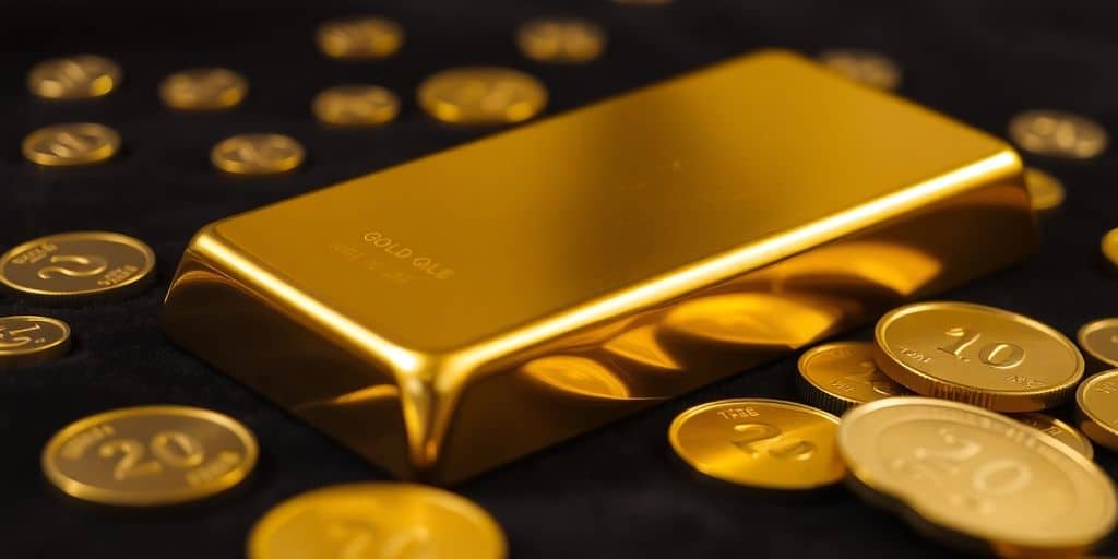Barre d'or et pièces sur fond sombre.