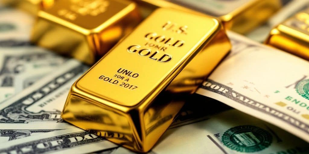 Des lingots d'or et des billets de dollar.