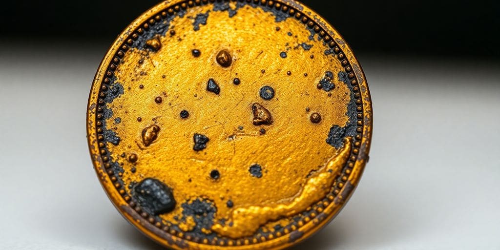 Pièce d'or corrodée avec détails visibles.