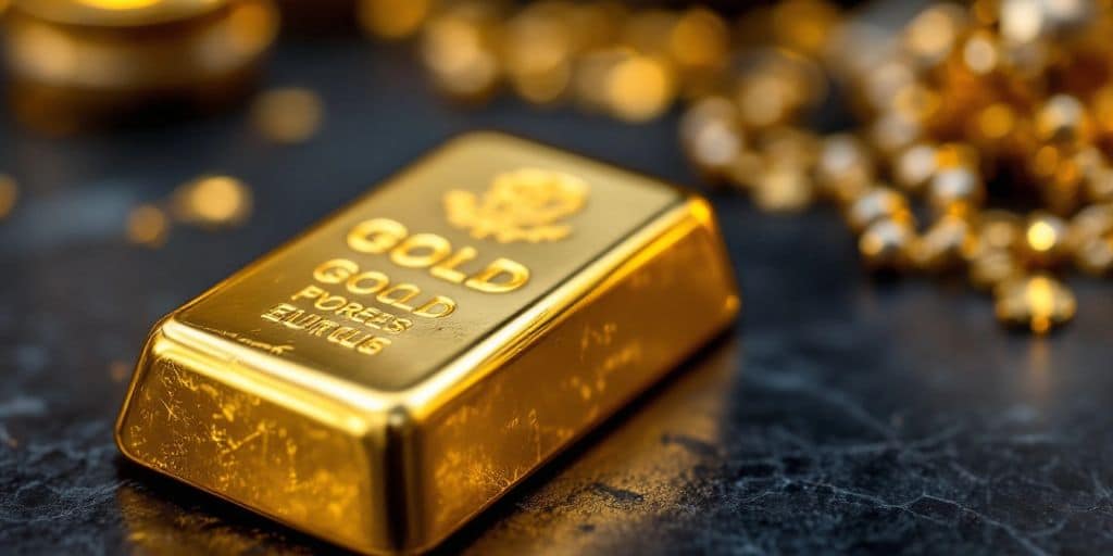 Un lingot d'or brillant sur une surface sombre.