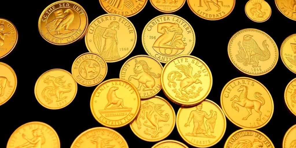 Collection de pièces d'or thématiques sur fond sombre.