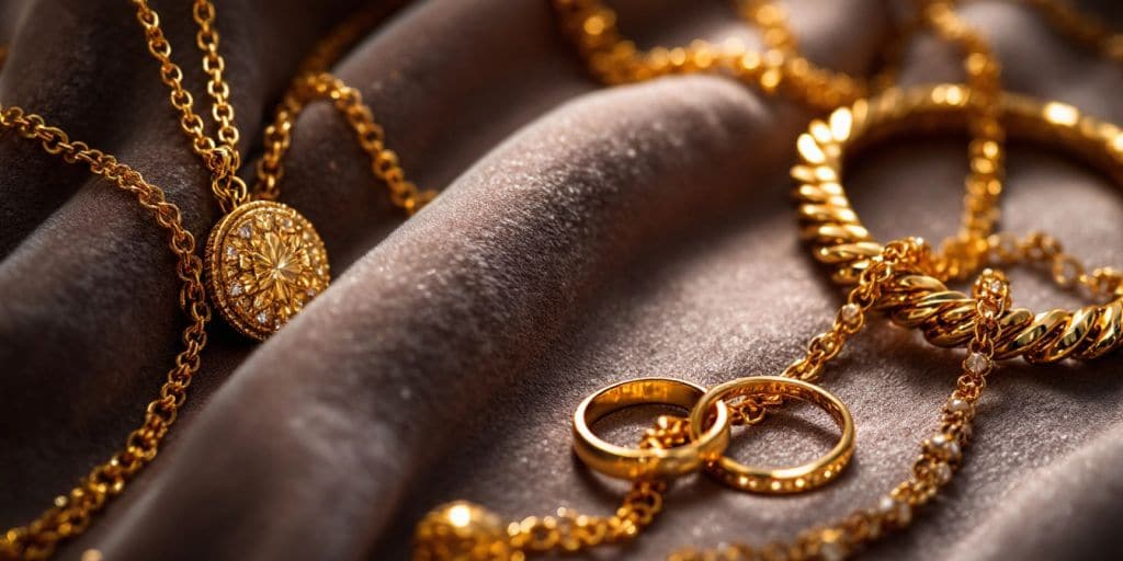 Bijoux en or sur un fond en velours.