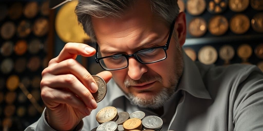 Expert en numismatique examinant des pièces de monnaie.