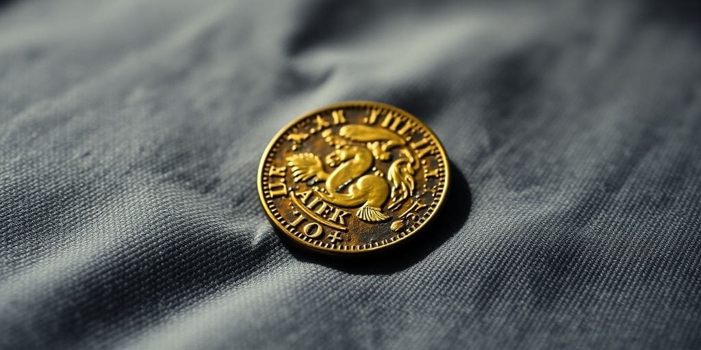 Photo d'une pièce d'or ancienne sur un tissu sombre.