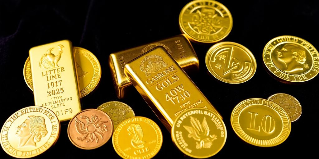 Des barres et pièces d'or sur un fond sombre.