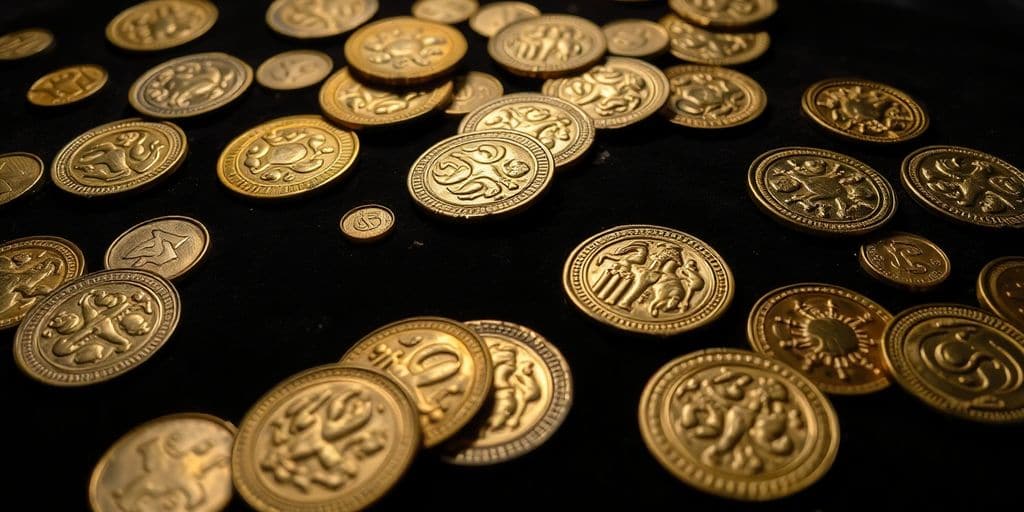 Pièces d'or anciennes éparpillées sur un velours noir.
