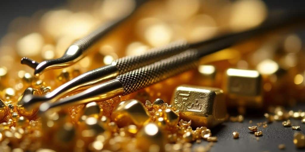 Outils dentaires et métaux précieux en vue rapprochée.