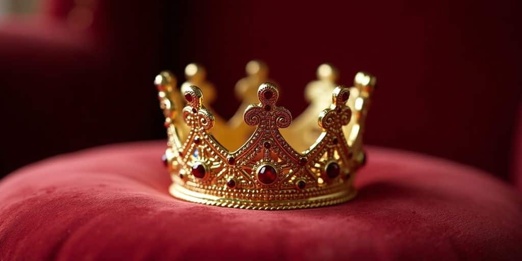 Une couronne en or brillante sur un coussin en velours.